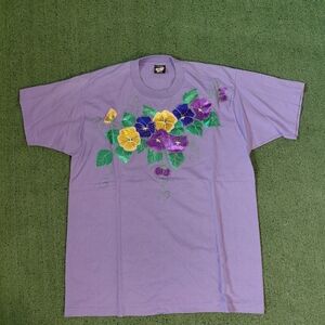 VINTAGE Floral Glitter Flower Unisex T Shirt Size XL